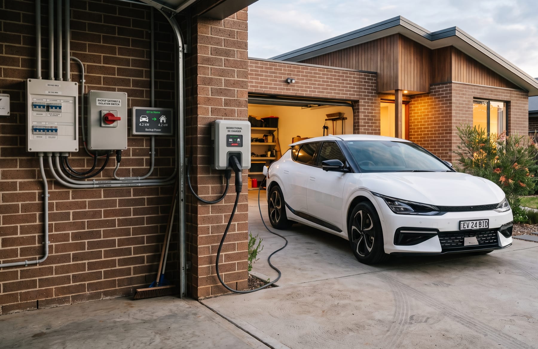 A white electric car charging from a wall-mounted bidirectional DC charger in a home driveway