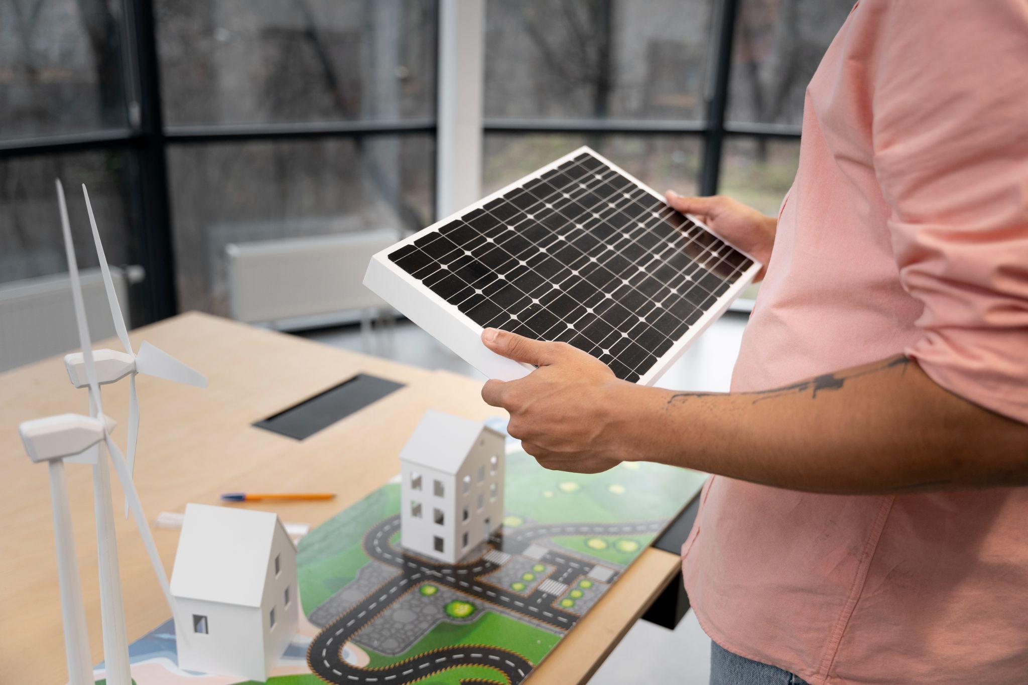 A person holding a solar panel model beside scale models of houses and wind turbines