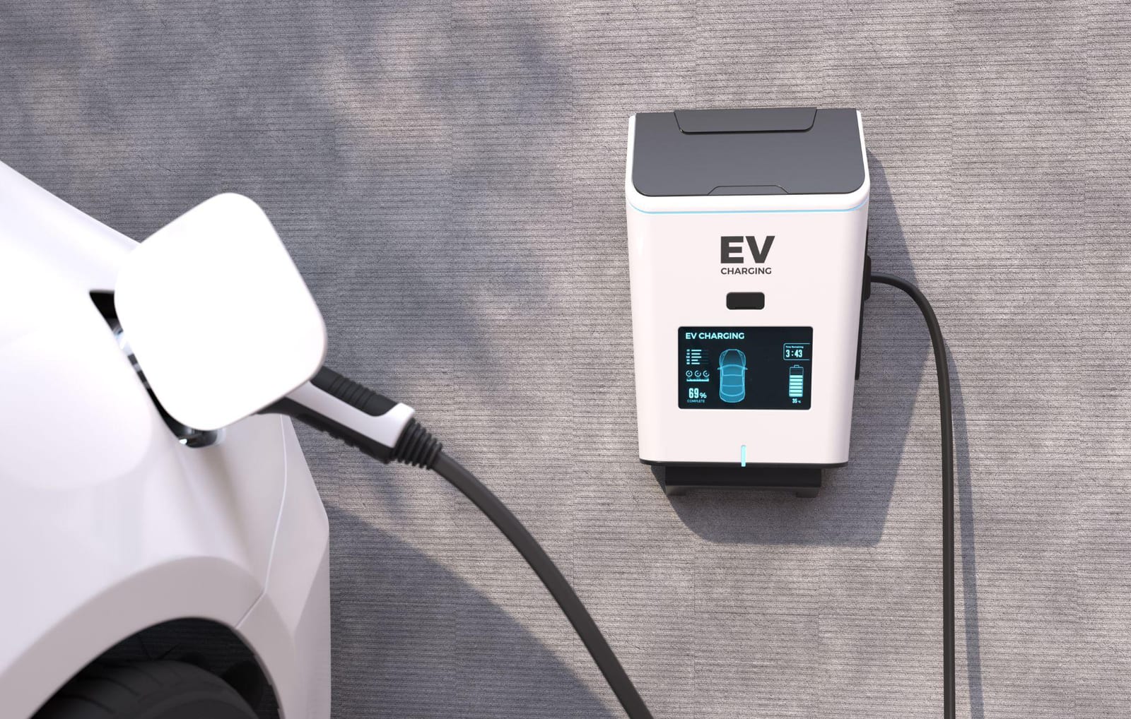 A white wall-mounted EV smart charger with a display, plugged into a white electric car